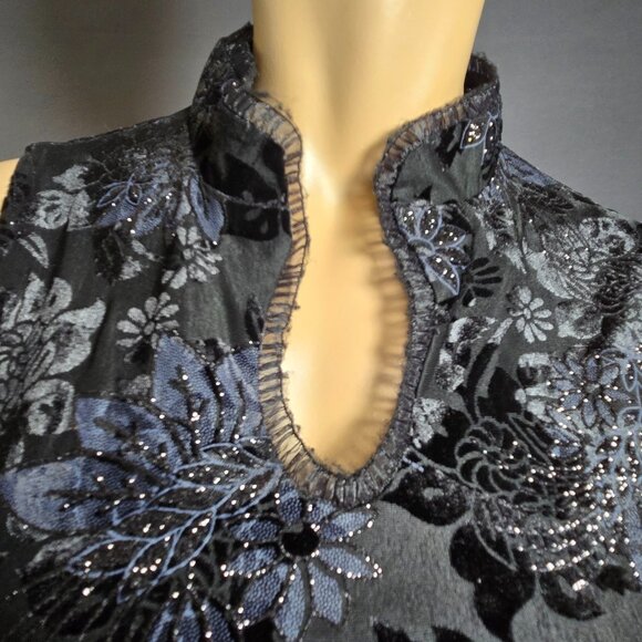 Vintage 90s Y2K  Black Flocked Velvet Top Size M Sleeveless Glitter Whimsigoth - Picture 2 of 9